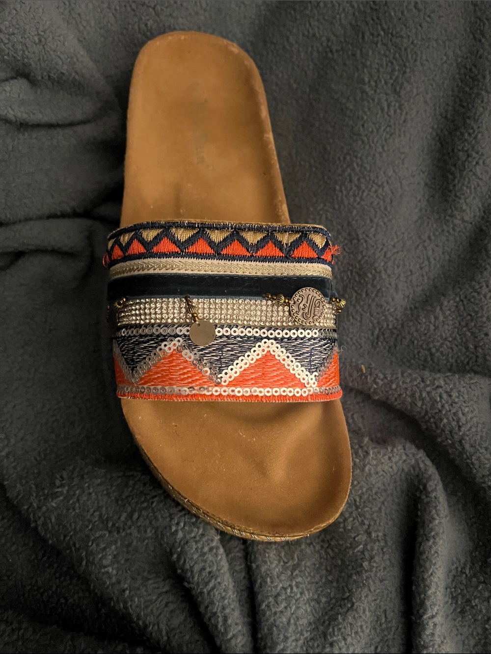 Beaded Slide Sandal in Orange and Navy